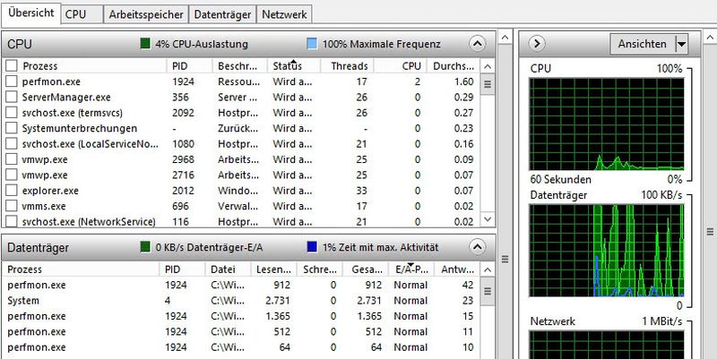 Der Ressourcenmonitor gibt schnellen Aufschluss über die aktuell verbrauchten Ressourcen eines Servers