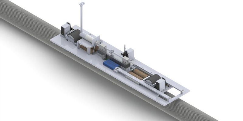 CAD-Modell des Prüfroboters auf einem Drahtseil.