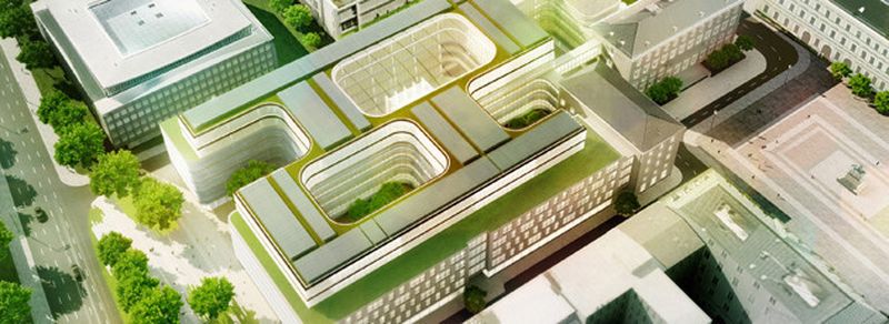 Die neue Konzernzentrale lässt sich zu Fuß durchqueren und ermöglicht so den Durchgang zwischen der Münchner Altstadt und den Museen im Kunstareal der Maxvorstadt. Photovoltaikanlagen auf dem Dach, die Speicherung von Regenwasser im Gebäude zur Wasserversorgung sowie die Energiegewinnung aus der Bodenplatte sind Beispiele für den schonenden Umgang mit Ressourcen.