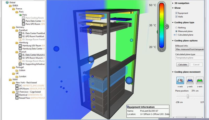 Die Version 7.3 von Struxureware for Datacenter bietet erhblich bessere Visualsiierung des RZ-Geschehens. Die schwebenden Punkte entsprechen Sensoren: Sie geben etwa Aufschluss über Temperatur, Feuchtigkeit und Luftgeschwindigkeit.