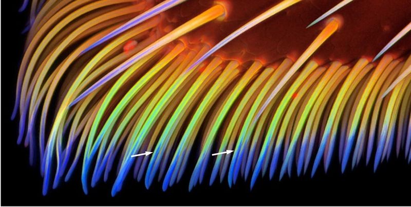 Hafthaare des Siebenpunkt-Marienkäfers (Coccinella septempunctata), visualisiert mit einem Konfokalen Laserrastermikroskop. Strukturen mit hohen Konzentrationen des Proteins Resilin sind blau dargestellt.