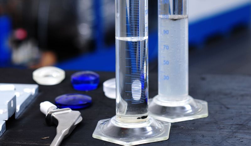 Phasentrennung von Lösemittel, Wasser und Verschmutzungen im Technikum.