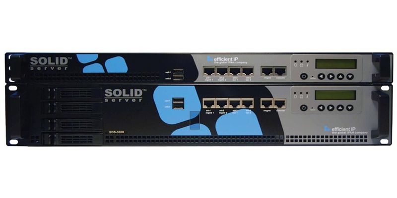 EfficientIP bietet den Solidserver für die Bereitstellung kritischer IPAM-DNS-DHCP-NTP-TFTP-Dienste als Hardware oder als virtuelle Appliance an.