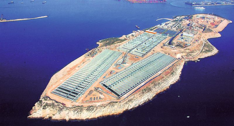 Psyttalia Wastewater Treatment Plant: sewage is pumped through a 1.5 km pipeline from the mainland to the wastewater treatment plant on Psyttalia Island. Pneumatic automation systems reduce the investment, installation and operating costs.