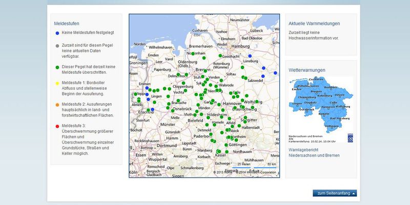 Das Hochwasserwarnsystem des Landes Niedersachsen stellt relevante Informationen öffentlich im Web bereit, um die Bevölkerung rechtzeitig vor Gefahren zu warnen.