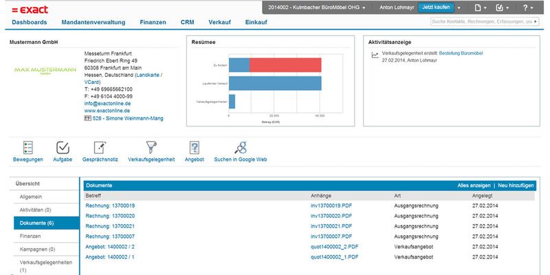 Business-Software als Service: Exact Online unterstützt beim Kundenmanagement, Zeiterfassung, Rechnungsstellung, Finanzbuchhaltung oder Dokumentenmanagement.