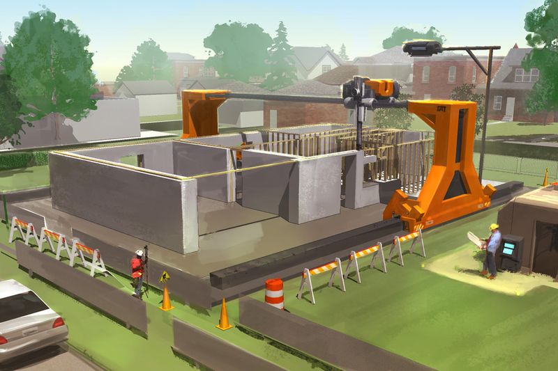 Illustration futuriste d'une installation permettant de construire automatiquement les murs d'une maison.