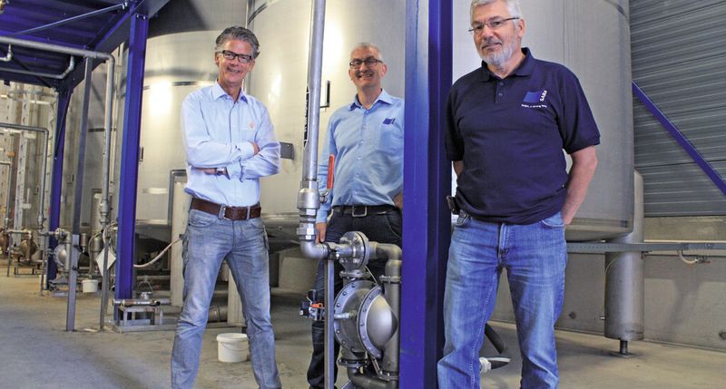 It was 20 years ago that Gerrit Klaassen, left, Commercial Director of Holland Air Pumps, recommended Wilden Air–Operated Double–Diaphragm (AODD) Pumps to Henk Blom, right, Saba Dinxperlo’s Manager Technical Service, for the company’s sealant–manufacturing operation. Since then, neither Blom nor Tonny Zaarbelink, center, Technical Manager Foam Bonding at Saba, have had any reason to regret the decision to choose Wilden.