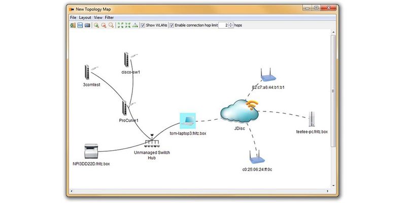 Die Topologie-Maps von Jdisc Discovery 3.1 zeigen neben den Ethernet-Verbindungen auch WLANs, WLAN-Access-Points und WLAN-Verbindungen an.