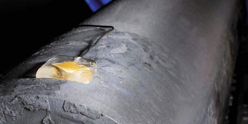 Auf einem Stahlrohr aufgebrachter Ultraschallwandler zur Zustandsüberwachung an 600 °C heißen Rohrleitungen