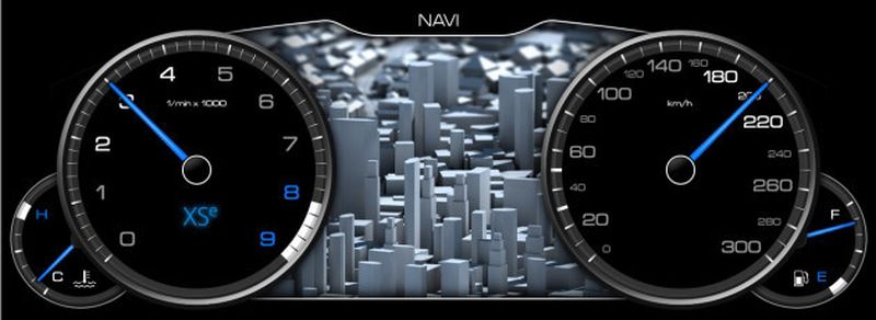 Beispiel für ein digitales Cluster-Instrument, das sicherheitsrelevante Funktionen wie Geschwindigkeitsanzeige mit weniger kritischen Anwendungen wie Navigation kombiniert.