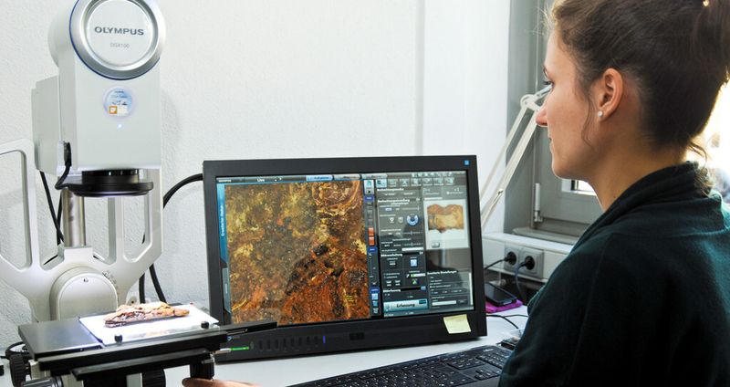 Abb. 2: Für die Restauratorin Ina Schneebauer-Meißner bedeutet die Arbeit mit modernster Mikroskop-Technik eine erhebliche Arbeitserleichterung. Auf dem Bildschirm im Hintergrund zeichnet sich ein Webmuster ab – Überreste von fast 1.500 Jahre alten Textilfasern.