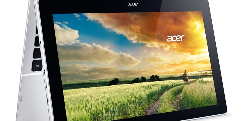 Bei der Einsteiger-Variante des Switch 11 mit Atom-CPU stellt das Display 1.366 x 768 Pixel dar. Hier ist das Switch 11 im so genannten Tent-Modus zu sehen. So kann das Gerät mit minimalem Platzbedarf aufgestellt werden, perfekt für Bahn oder Flugzeug.