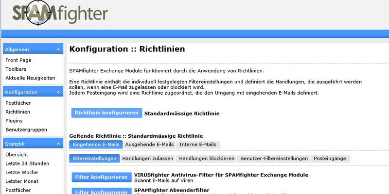 Die Richtlinienverwaltung für das SPAMfighter Exchange Server-Modul erfolgt unkompliziert über eine Web-Oberfläche.