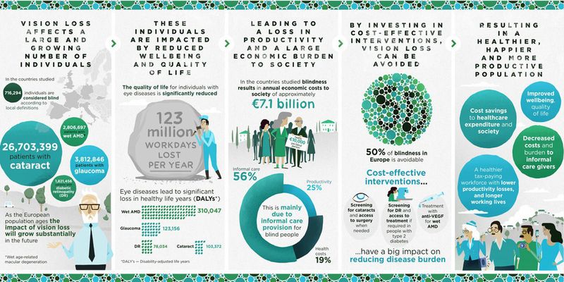 Augenkrankheiten führen zu etwa 123 Millionen verlorenen Arbeitstagen jährlich. Es wird geschätzt, dass Blindheit und Augenkrankheiten wirtschaftliche Kosten von etwa acht bis 24 Milliarden Euro pro Jahr verursachen.