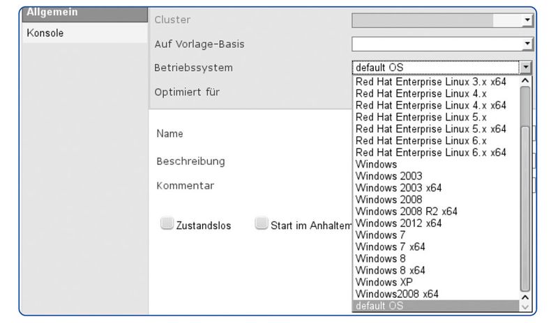 Der Screenshot zeigt das Anlegen einer VM in der oVirt-Management-Oberfläche des Browser.