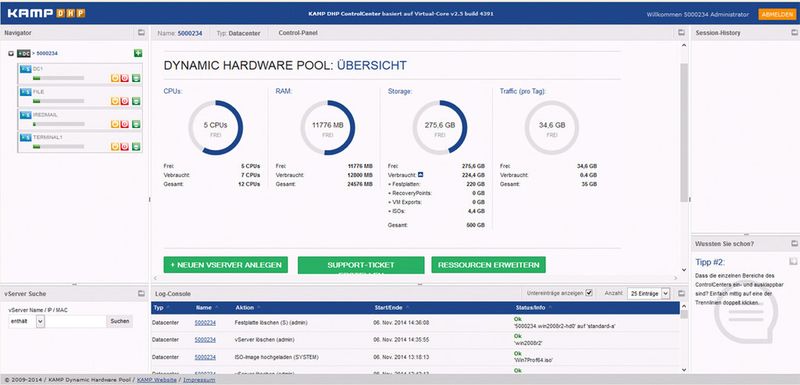 Im DHP-Basispaket stehen 12 CPU-Kerne, 24 GB RAM, 500 GB Storage und 35 GB Traffic pro Tag auf einem 100 Mbit/s Interface zur Verfügung.
