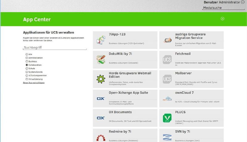 Das Uniivention App Center aus Admin-Sicht. Hier die Auswahl der Collaboration-Tools