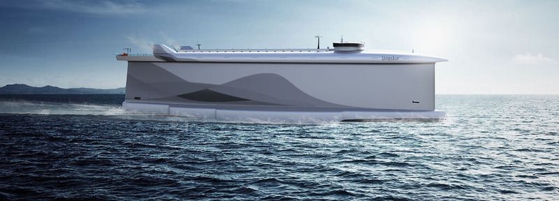 Der Rumpf des Cargo-Schiffs Vindskip wirkt wie ein großes Segel.