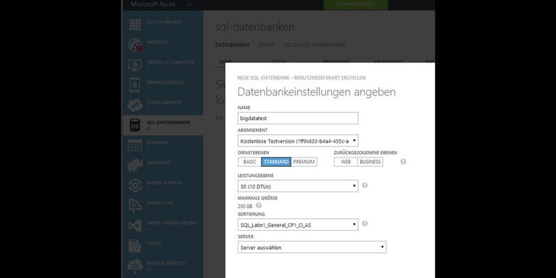 Administratoren können mithilfe eines Assistenten über das Webportal neue Datenbanken in Microsoft Azure erstellen.
