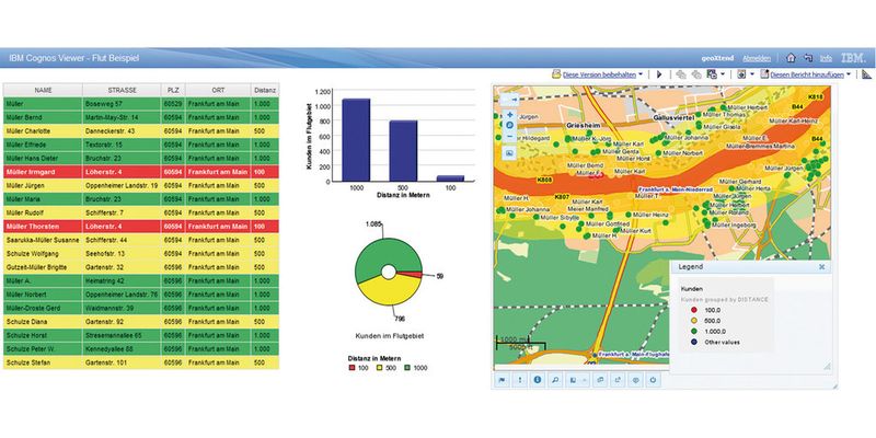 Beispiel einer Visualisierung von geografischer Information mit einem Plug-in in IBM Cognos Viewer: Screenshot der Verteilung der Wohnstandorte von Versicherungsnehmern im Einzugsbereich eines potenziellen Überschwemmungsereignisses. Eine solche Grafik kann von einem Versicherer als Entscheidungsgrundlage für die Prämienfestsetzung von Hausrats- und Gebäudeversicherungen genutzt werden.