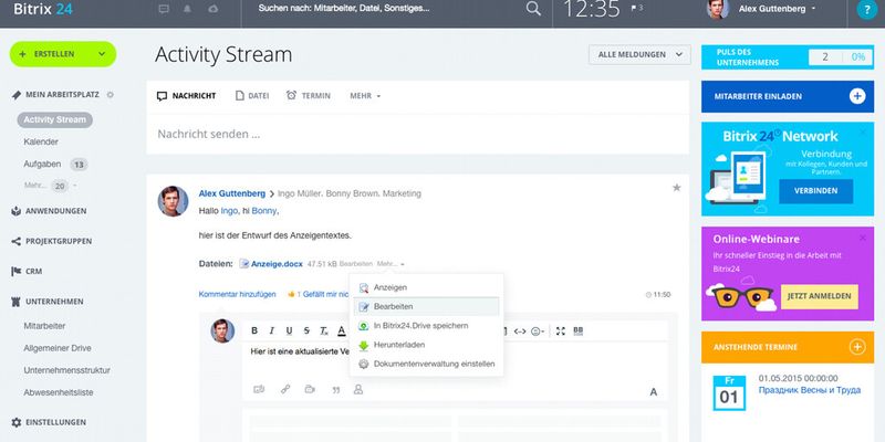 Die Social-Collaboration-Plattform Bitrix24 bietet u.a. die Möglichkeit, Dateien via File-Server und Activity-Stream in die Cloud auszulagern.