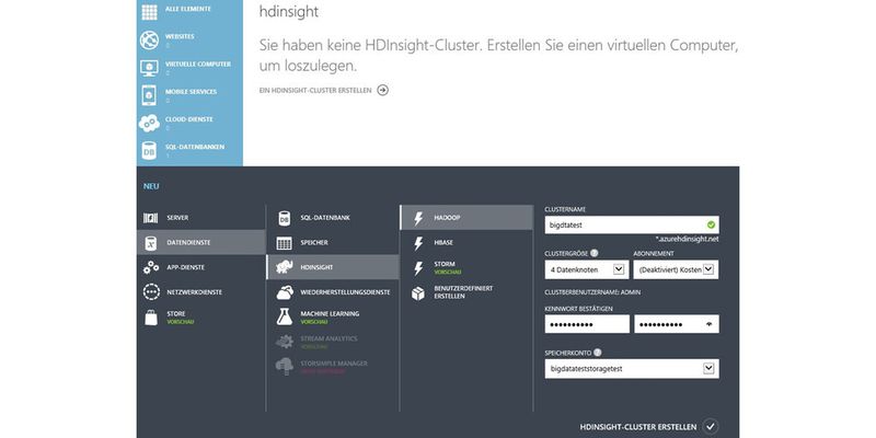 HDInsight-/Hadoop-Cluster mit Apache Storm erstellen Administratoren am einfachsten im Webportal von Microsoft Azure mit einem Assistenten.