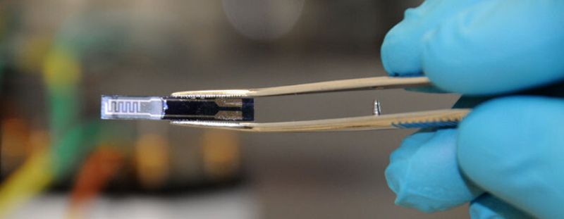 ETH researchers’ miniature CO2 sensor: chip with a thin layer of the polymer-nanoparticle composite.