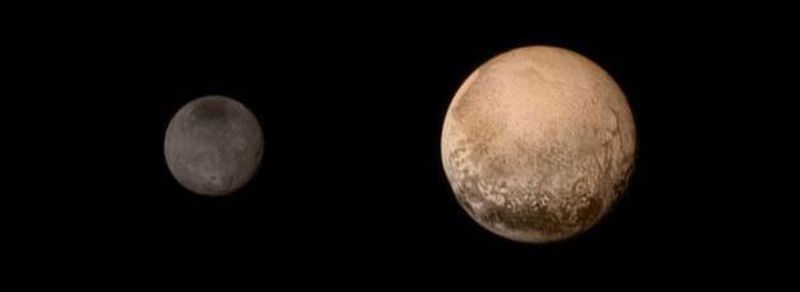 Mission New Horizon: Pluto and Charon display striking color and brightness contrast in this composite image from July 11, showing high-resolution black-and-white LORRI images