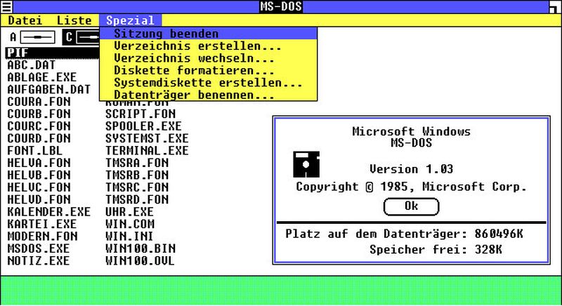 Startbildschirm von Windows 1, hier in der deutschsprachigen Version 1.03.