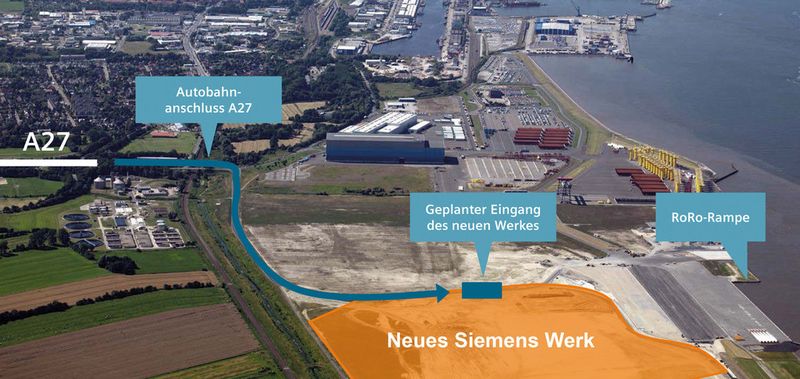 Die Fertigung soll auf einer Fläche von rund 170.00 qm – rund 24 Fußballfeldern – direkt am Hafen entstehen. In der ersten Produktionsstätte für Offshore-Windkraftanlagen in Deutschland, die ab Mitte 2017 Betrieb geht, sollen bis zu 1000 Arbeitsplätze entstehen.