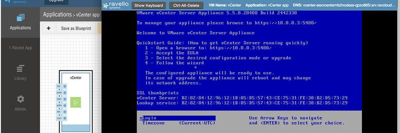 Die als Teil des Ravello-Dienstes bereit gestellte Management-Oberfläche stellt Vorlagen für ESXi-Hosts bereit und erlaubt das Hochladen der kompletten eigenen „vCenter“-Umgebung als Kopie.