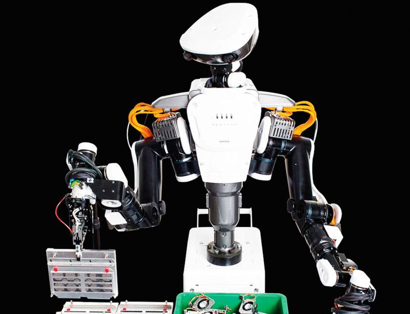 Le robot collaboratif du fabricant japonais Kawada est doté de deux yeux sur sa tête et d'une caméra sur chaque main.