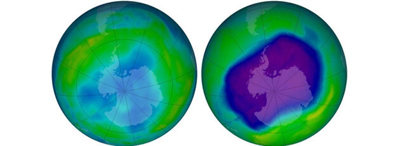 Das Ozonloch über der Antarktis am 24.09.2006 (r) und am 09.06.2013. Die blauen und violetten Farben zeigen an, dass die Ozonschicht dünn ist, die gelben, grünen und roten weisen auf mehr Ozon hin. Um das Jahr 2070 soll sich das Ozonloch über der Antarktis wieder schließen: “Wir hatten ganz großes Glück”