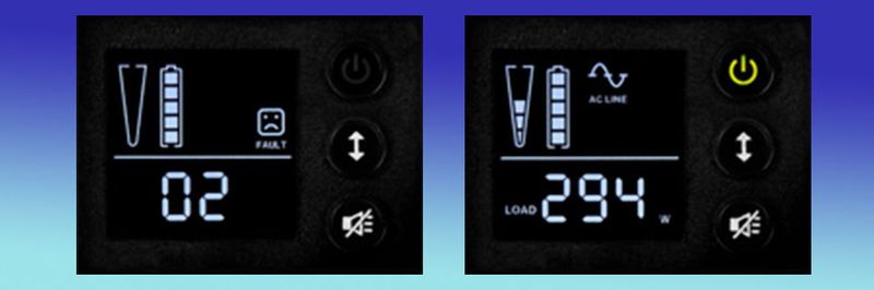 Das Display der Protect-B-Serie von AEG Power Solutions zeigt unter anderem Das Display zeigt Fehlermeldungen und die Last in Watt.