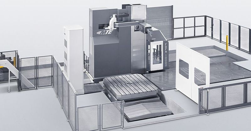 Travelling column milling machine FBF-M 10000 for large, heavy workpieces with an NC rotary table up to 60 tons.