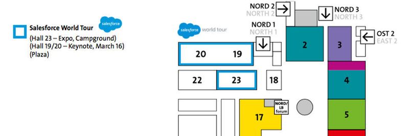 Die Salesforce World Tour gastiert auf der CeBIT 2016 in bester Lage: Die gebuchten Hallen 19/20 und 23 liegen am hoch frequentierten Nord-Eingang.