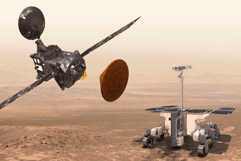 Die beiden Elemente des ESA-«ExoMars»-Programms: «TGO» und «Schiaparelli»-Landeeinheit (oben links) und «ExoMars-Rover» (unten rechts).
