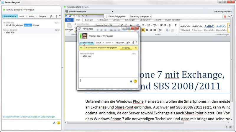 Mit Lync können Benutzer sich gegenseitig auf den Desktop schauen, um gemeinsam zu arbeiten, das Tool unterstützt selbst die Fernwartung von PCs. Auch das Chatten, Telefonieren oder der Datenaustausch ist möglich. Lync ist in Office 365 integriert, weitere Lizenzen sind nicht notwendig. (Archiv: Vogel Business Media)