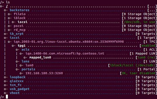 Die fertige Konfiguration des iSCSI-Ziels lässt sich in targetcli anzeigen.(Thomas Joos)