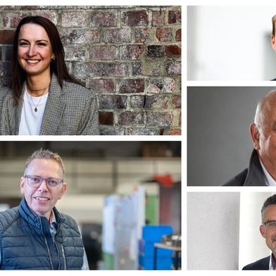 Michelle Duerksen (Sustainability Sales Manager Schneider Electric, links oben), Jens Müller (Geschäftsführung Müller und Partner Sachverständige, links unten). Von rechts oben nach unten: Benjamin Zierold (Geschäftsführer Koenig & Bauer), Wolfgang Wiedemann (Director Murrelektronik) und Thomas Droth (Head of Industry Solutions Mitsubishi Electric). (Bild: Schneider Electric, Laura Boysen/Müller und Partner Sachverständige, Murrelektronik, König & Bauer, Mitsubishi Electric)