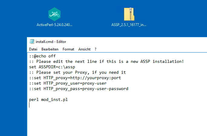 Im Verzeichnis „C:\assp\assp.mod\install“ befindet sich die Datei „install.cmd“. Diese muss noch bearbeitet werden. In der leeren Zeile am Anfang der Datei muss der Pfad zu ASSP in der Form „set ASSPDIR=“ eingegeben werden. Auch der optionale Proxyserver kann hier eingetragen werden. (Thomas Joos)