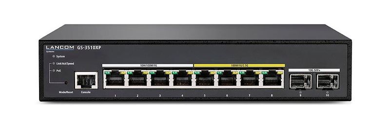 Lancom hat den GS-3510XP mit je vier 1G- und 2,5G-Ethernet-Ports sowie mit zwei 10G-SFP+-Uplink-Ports ausgestattet.