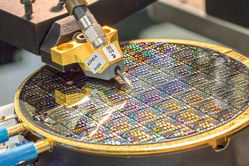 Abb. 3: Ein Forscherteam am Fraunhofer IAF beschäftigt sich bereits seit mehreren Jahren mit den piezoelektrischen Eigenschaften von Scandiumaluminiumnitrid für den Einsatz in Hochfrequenzfiltern. Das Foto zeigt den Test solcher Bauelemente auf einem Wafer.  (Fraunhofer IAF)