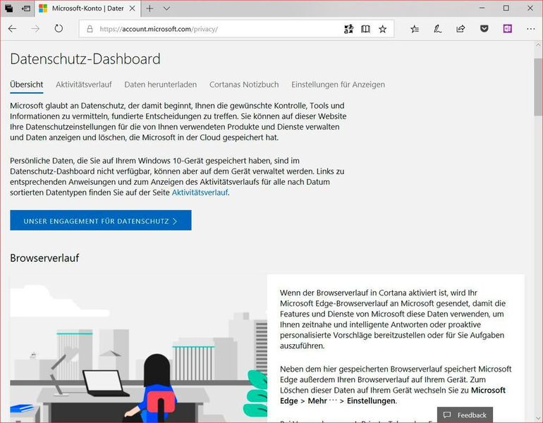Das mit dem Microsoft-Konto verknüpfte Microsoft-Datenschutz-Dashboard wird gründlich aufgebohrt. In ihm können Anwender alle Daten einsehen, bearbeiten und löschen, die mit einem Microsoft-Konto gespeichert sind, etwa den Browser- oder den Suchverlauf.  (Vogel IT-Medien / Microsoft)