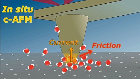 Das Prinzip der korrelativen Rasterkraftmikroskopie: Eine feine Spitze am Ende eines Federbalkens tastet die Oberfläche ab. Dadurch lassen sich Kraftwechselwirkungen zwischen Spitze und Probenoberfläche messen, einschließlich der Reibungskräfte. Liegt zusätzlich eine Spannung an, kann auch der durch den Kontakt fließende elektrische Strom gemessen werden. (Bild:  M. Munz/HZB)