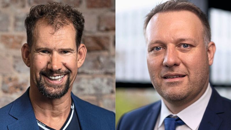 Infomedia hat Veact übernommen. Im Bild: Jens Monsees, CEO, Infomedia, und Philipp Posselt, CEO, Veact.(Montage: VCG; Bilder: Veact/Koshka Media/Diana Shypula)
