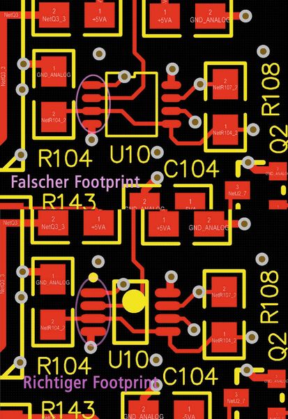 Bild 3: Richtiger und umgekehrter Footprint im PCB-Design (Bild: alpha-board)