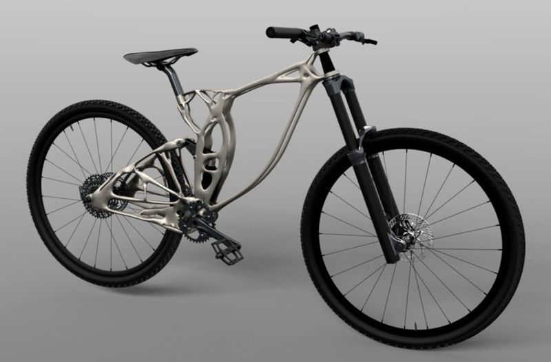 Mountain-Bike-Rahmen // Gewinner: Publikumspreis // Der 3D-gedruckte Mountainbike-Rahmen ist aus zwei Teilen zusammengesetzt und besteht aus den Komponenten Schwenkarm und Hauptrahmen. Dabei wurde der Rahmen insbesondere für den Druck von Ti-6Al-4V auf der Aeroswift SLM-Maschine in Südafrika ausgelegt. Die Anlage verfügt über einen extrem großen Bauraum (2 m x 0,6 m x 0,7 m). (Purmundus)