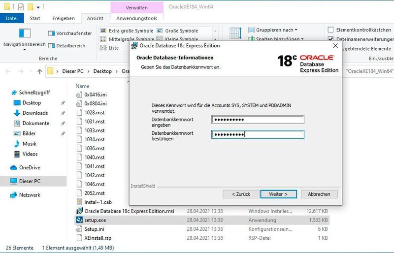 Installieren von Oracle 18c Express auf Windows und festlegen des Datenbankkennwortes. (Joos)